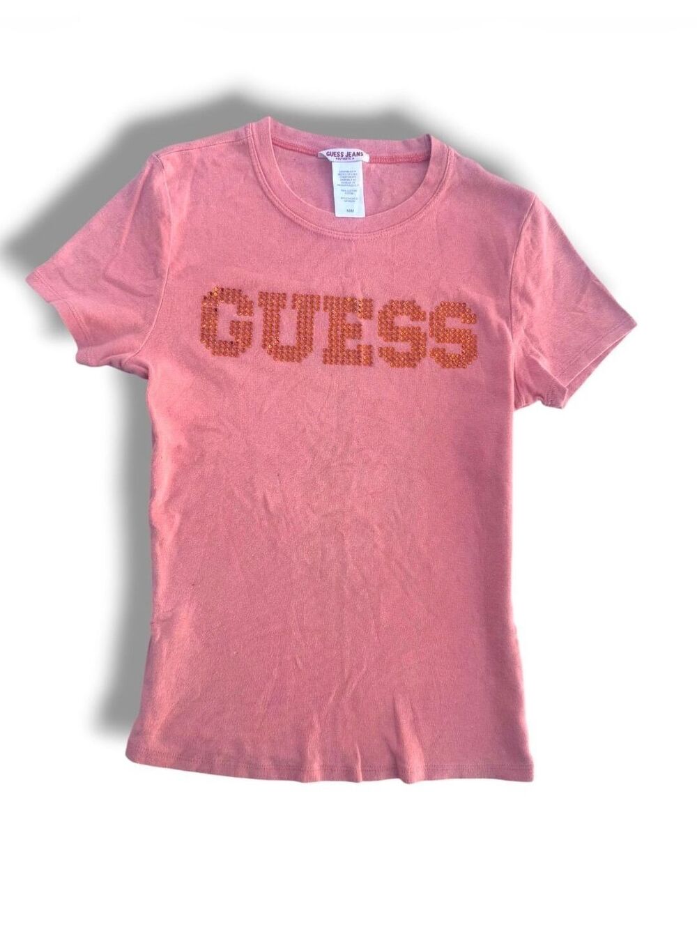 Vintage Y2K Guess Jeans Orange Rhinestone Spellout Baby Tee M 2000s Mcbling